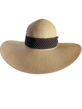 HAT straw sun silky scarf knot brown with white polkadot wide brim